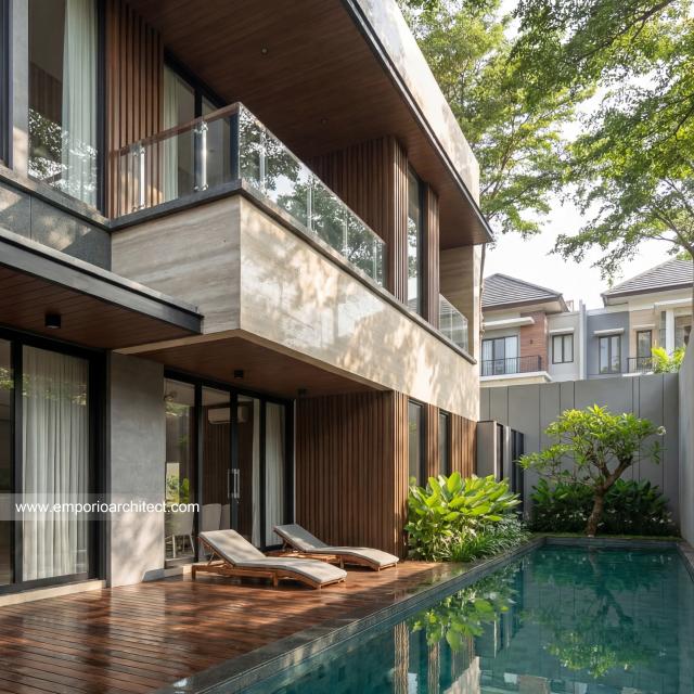 Desain Tampak Detail Belakang Rumah Modern 3.5 Lantai Bapak HYT di Tangerang Selatan
