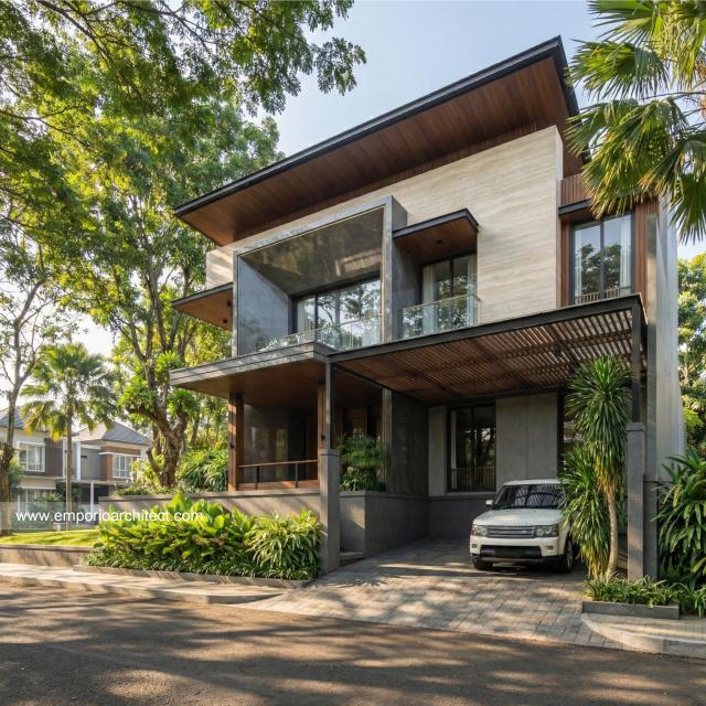 Desain Tampak Depan 2 Rumah Modern 3.5 Lantai Bapak HYT di Tangerang Selatan