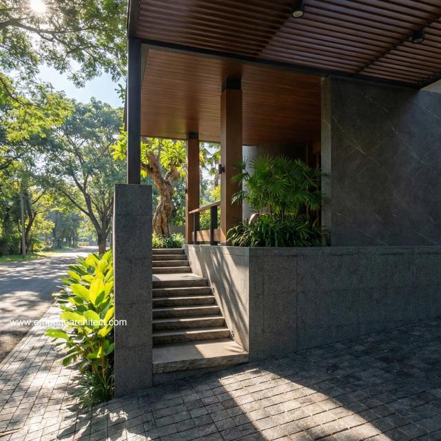 Desain Tampak Detail Entrance Rumah Modern 3.5 Lantai Bapak HYT di Tangerang Selatan