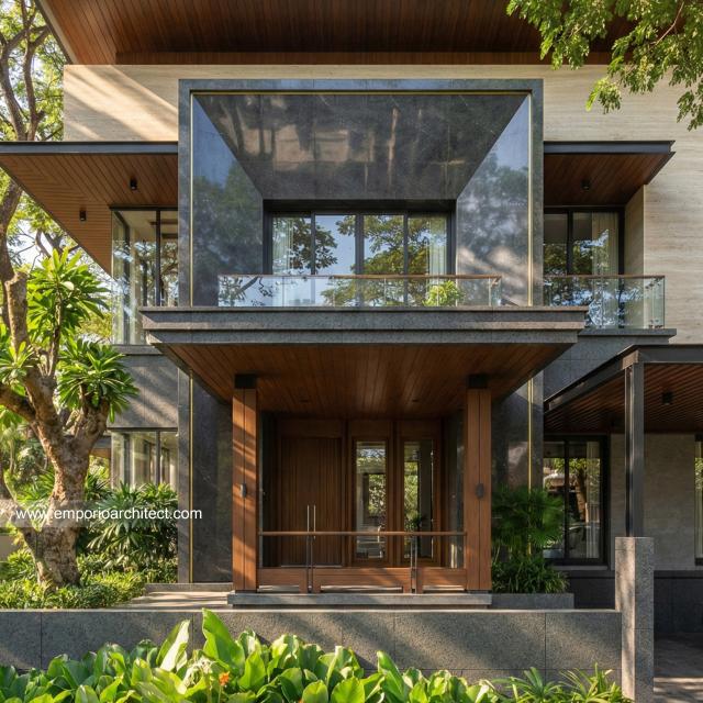 Desain Tampak Detail Depan Rumah Modern 3.5 Lantai Bapak HYT di Tangerang Selatan
