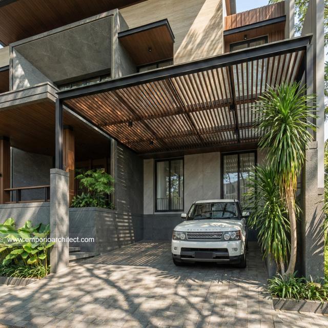 Desain Tampak Detail Carport Rumah Modern 3.5 Lantai Bapak HYT di Tangerang Selatan