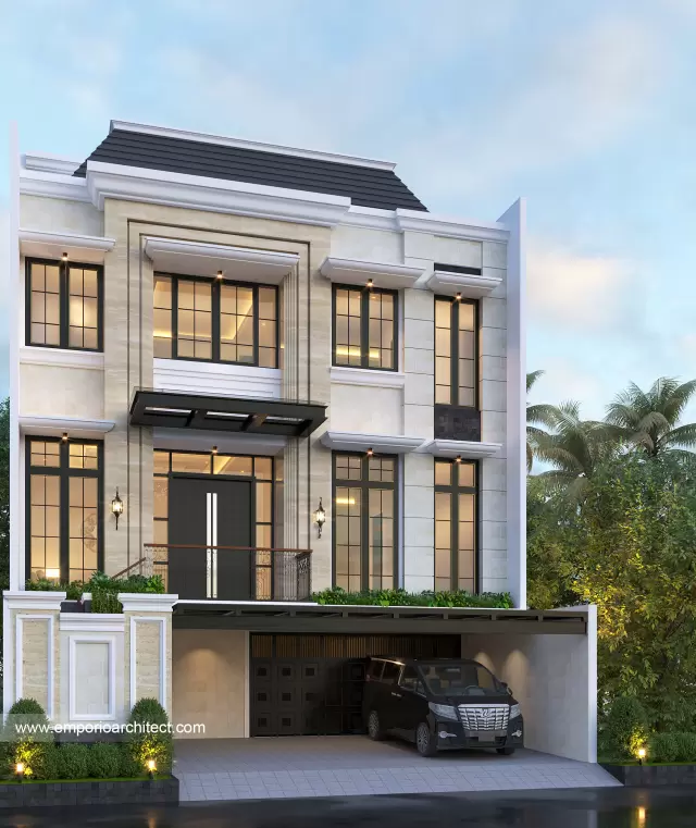 Desain Tampak Depan 2 Rumah Klasik Modern 3.5 Lantai Bapak Indra di Kepala Gading, Jakarta Utara