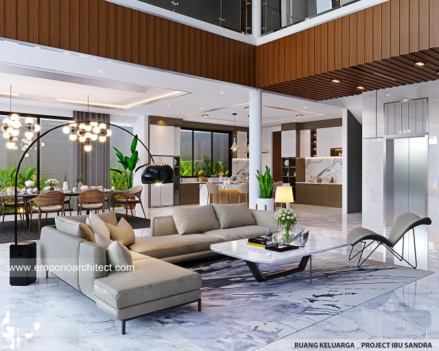 Desain Ruang Keluarga Rumah Modern 3.5 Lantai Ibu Sandra di Jakarta Timur
