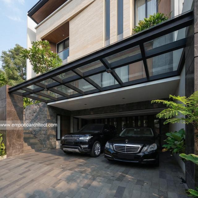 Desain Tampak Detail Depan Rumah Modern 3.5 Lantai Ibu KRM di Jakarta Selatan