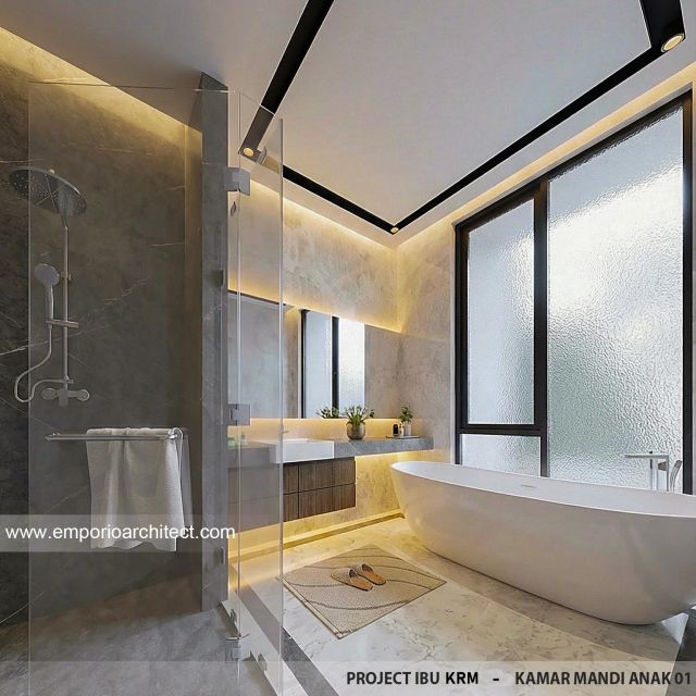 Desain Kamar Mandi Anak 1 Rumah Modern 3.5 Lantai Ibu KRM di Jakarta Selatan