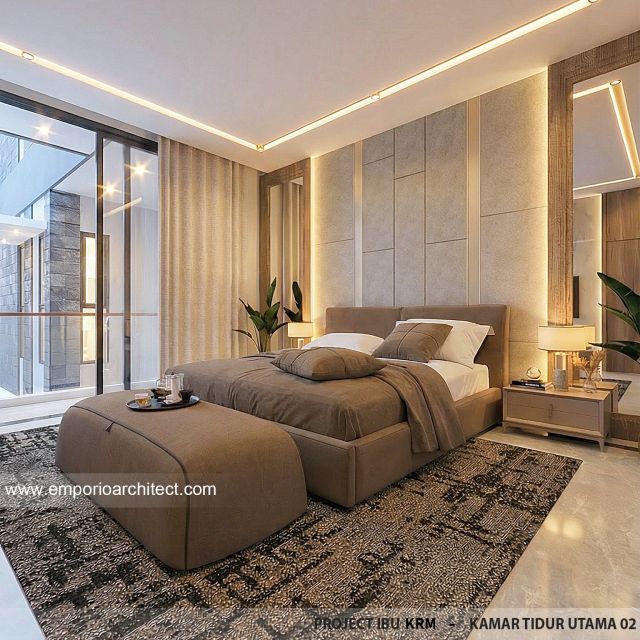 Desain Kamar Tidur Utama 2 Rumah Modern 3.5 Lantai Ibu KRM di Jakarta Selatan