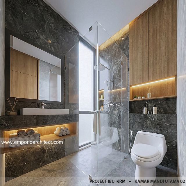 Desain Kamar Mandi Utama 2 Rumah Modern 3.5 Lantai Ibu KRM di Jakarta Selatan