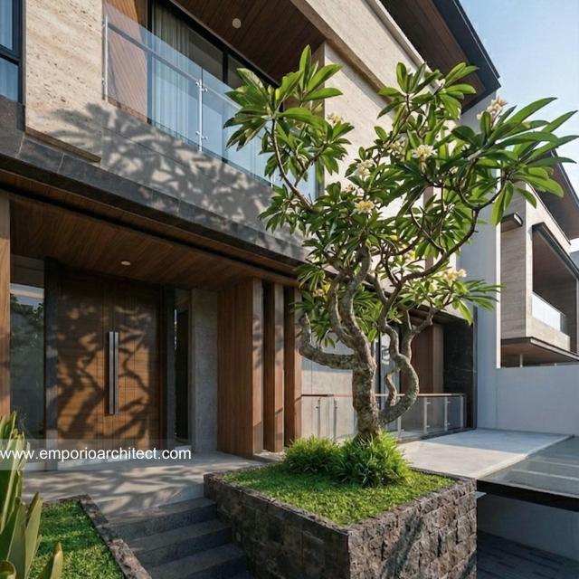 Desain Tampak Detail Depan 3 Rumah Modern 3.5 Lantai Ibu KRM di Jakarta Selatan