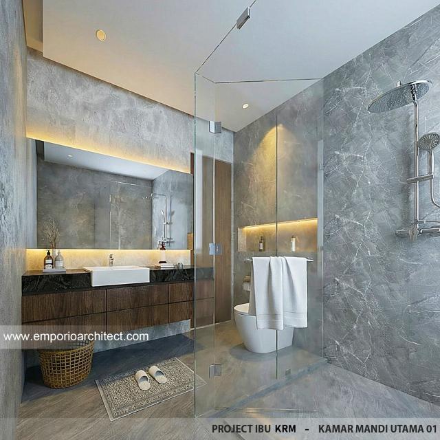 Desain Kamar Mandi Utama Rumah Modern 3.5 Lantai Ibu KRM di Jakarta Selatan