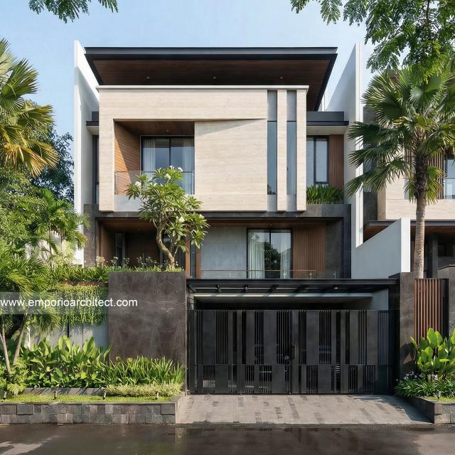 Desain Tampak Depan 2 Rumah Modern 3.5 Lantai Ibu KRM di Jakarta Selatan