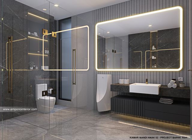 Desain Kamar Mandi Anak 2 Rumah Modern 4 Lantai Bapak RSH II di PIK, Jakarta Utara