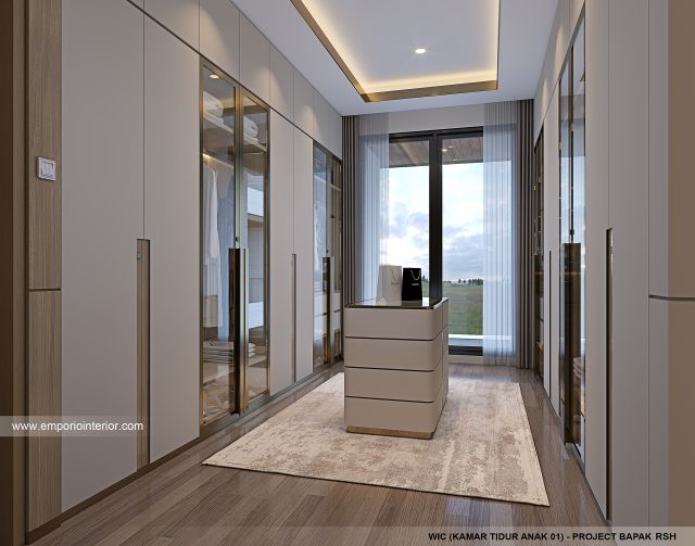 Desain WIC Kamar Tidur Anak 1 Rumah Modern 4 Lantai Bapak RSH II di PIK, Jakarta Utara