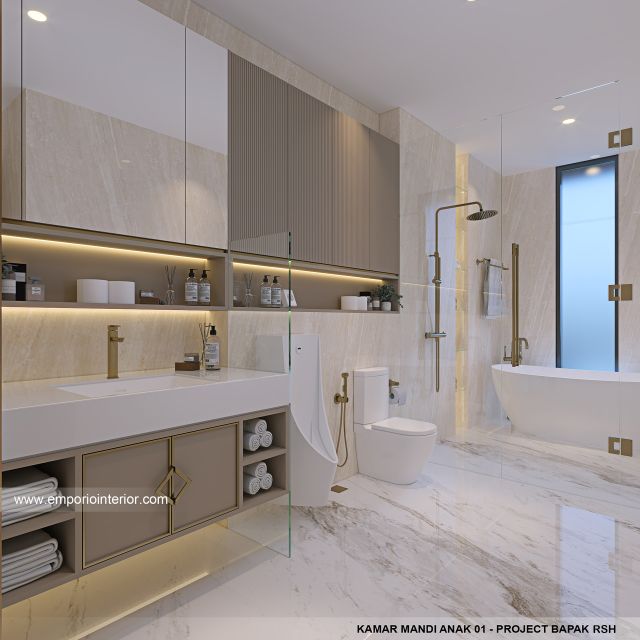 Desain Kamar Mandi Anak 1 Rumah Modern 4 Lantai Bapak RSH II di PIK, Jakarta Utara