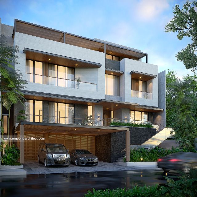 Desain Tampak Depan 2 Rumah Modern 4 Lantai Bapak RSH II di PIK, Jakarta Utara