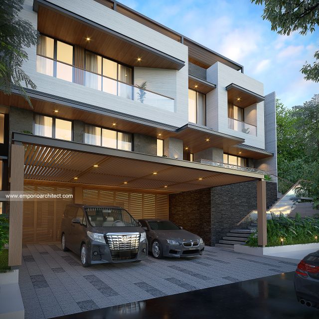 Desain Tampak Detail Depan Rumah Modern 4 Lantai Bapak RSH II di PIK, Jakarta Utara