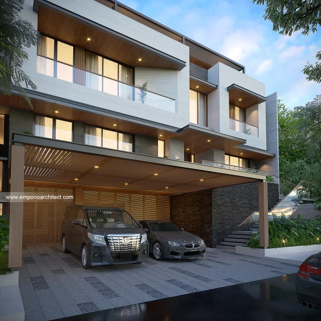 Desain Tampak Detail Depan Rumah Modern 4 Lantai Bapak RSH II di PIK, Jakarta Utara