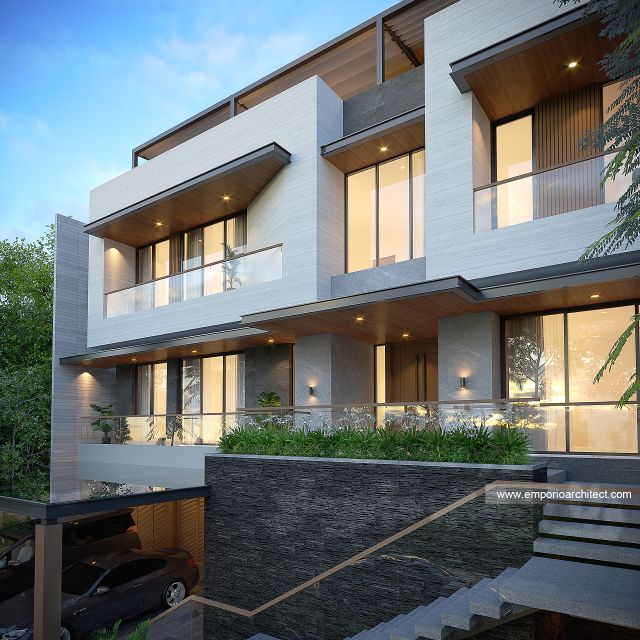 Desain Tampak Detail Depan 2 Rumah Modern 4 Lantai Bapak RSH II di PIK, Jakarta Utara