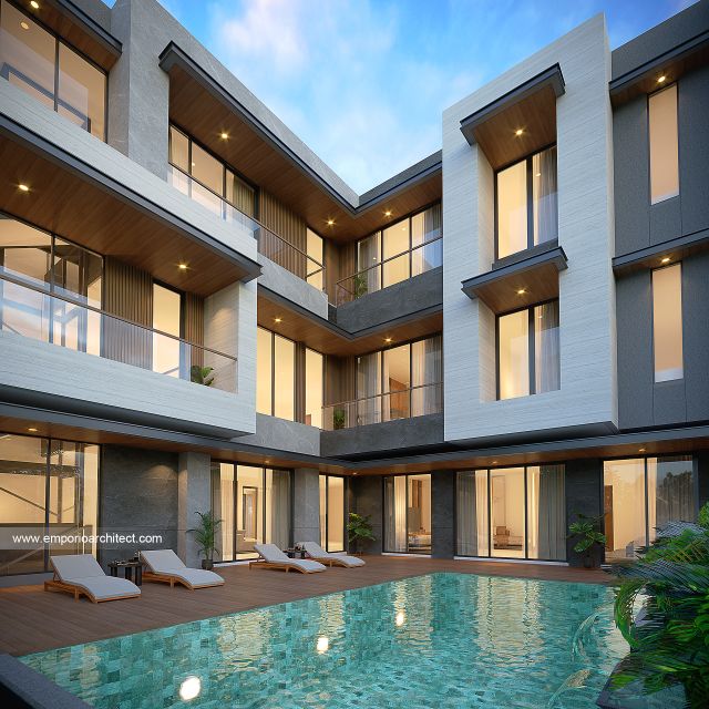 Desain Tampak Detail Belakang Rumah Modern 4 Lantai Bapak RSH II di PIK, Jakarta Utara