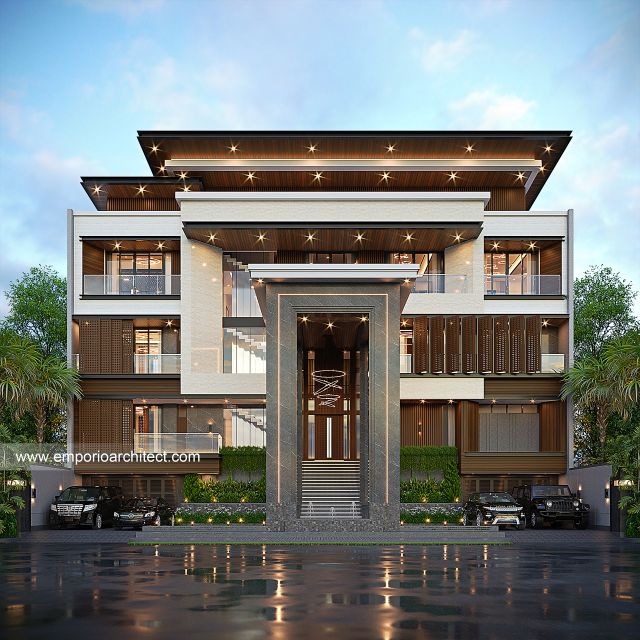 Desain Tampak Depan 3 Rumah Modern 4 Lantai Bapak RNR di Jakarta