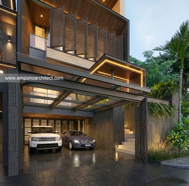 Desain Tampak Detail Depan Rumah Modern 4 Lantai Ibu RHM di Tebet, Jakarta Selatan