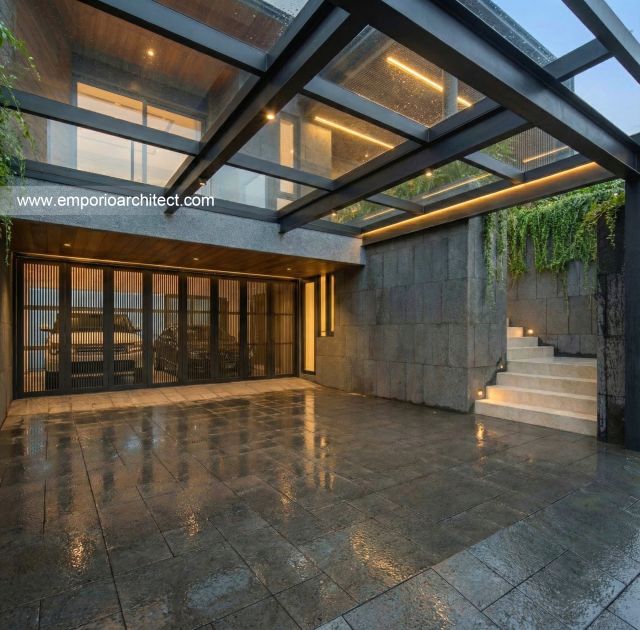 Desain Tampak Detail Depan 2 Rumah Modern 4 Lantai Ibu RHM di Tebet, Jakarta Selatan