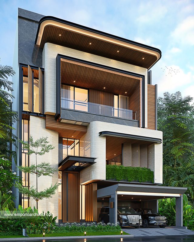 Desain Tampak Depan Rumah Modern 4 Lantai Bapak MTJ di PIK 2, Tangerang