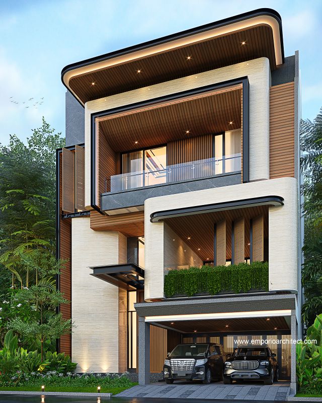 Desain Tampak Depan 2 Rumah Modern 4 Lantai Bapak MTJ di PIK 2, Tangerang