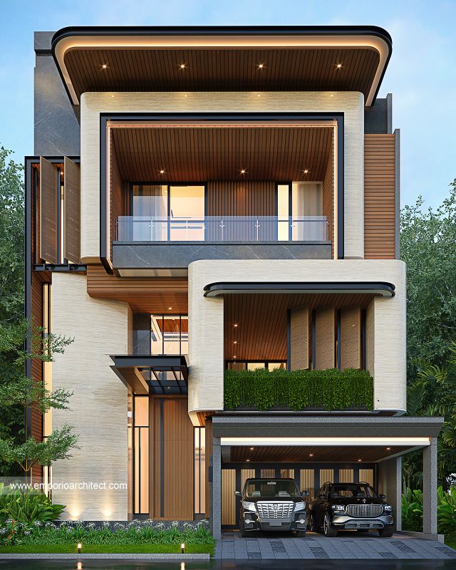 Desain Tampak Depan 3 Rumah Modern 4 Lantai Bapak MTJ di PIK 2, Tangerang