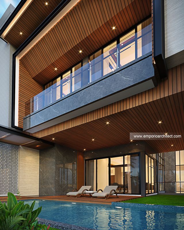 Desain Tampak Detail Belakang Rumah Modern 4 Lantai Bapak MTJ di PIK 2, Tangerang
