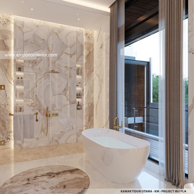 Desain Kamar Mandi Utama Rumah Modern 4 Lantai Ibu FLA di Jakarta