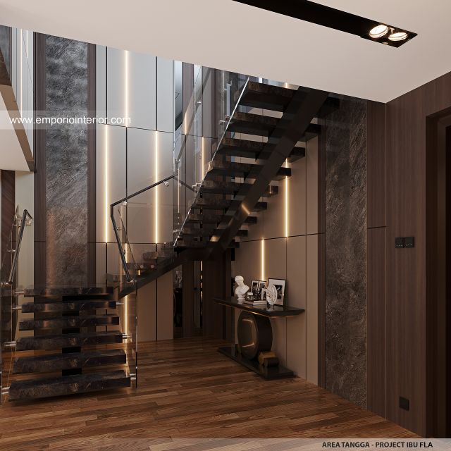 Desain Area Tangga Rumah Modern 4 Lantai Ibu FLA di Jakarta