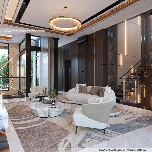 Desain Ruang Keluarga Lantai 2 Rumah Modern 4 Lantai Ibu FLA di Jakarta