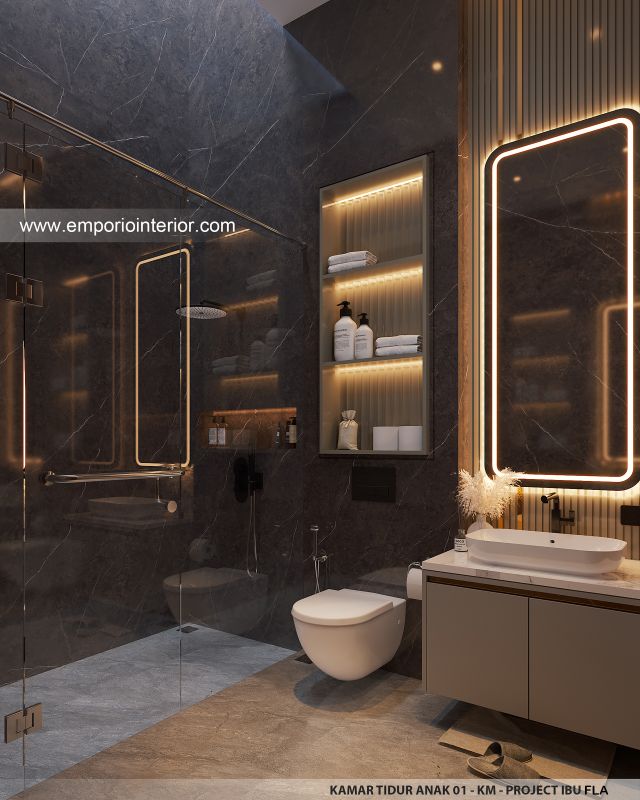 Desain Kamar Mandi Anak 1 Rumah Modern 4 Lantai Ibu FLA di Jakarta