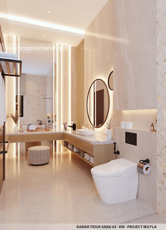 Desain Kamar Mandi Anak 2 Rumah Modern 4 Lantai Ibu FLA di Jakarta