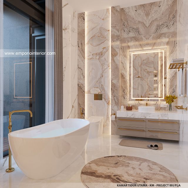 Desain Kamar Mandi Utama Rumah Modern 4 Lantai Ibu FLA di Jakarta
