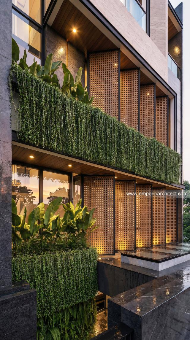 Desain Tampak Detail Depan 3 Rumah Modern 4 Lantai Bapak DD di Jakarta