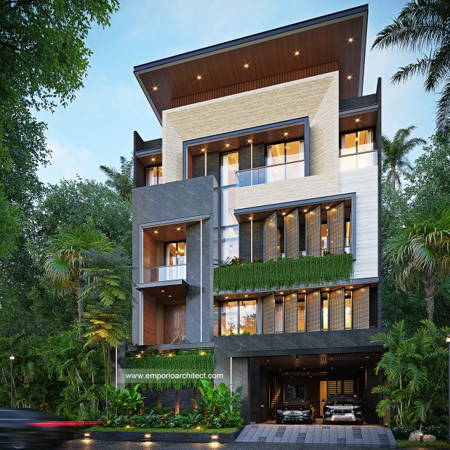 Desain Tampak Depan 2 Rumah Modern 4 Lantai Bapak DD di Jakarta
