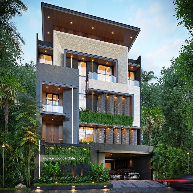Desain Tampak Depan 3 Rumah Modern 4 Lantai Bapak DD di Jakarta
