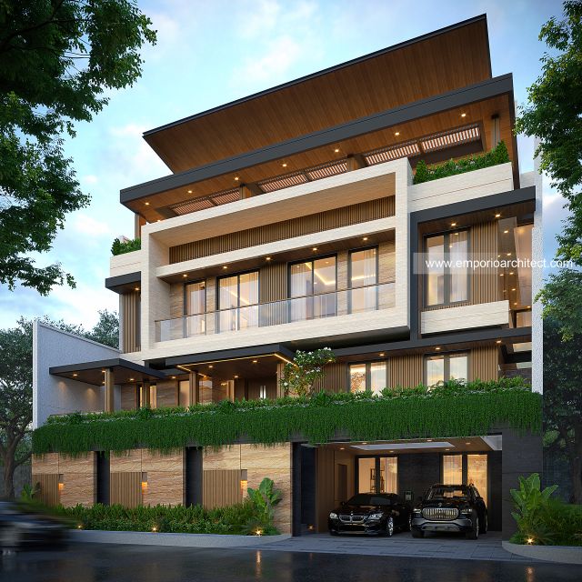 Desain Tampak Depan 2 Rumah Modern 4 Lantai Bapak DVI di Balikpapan