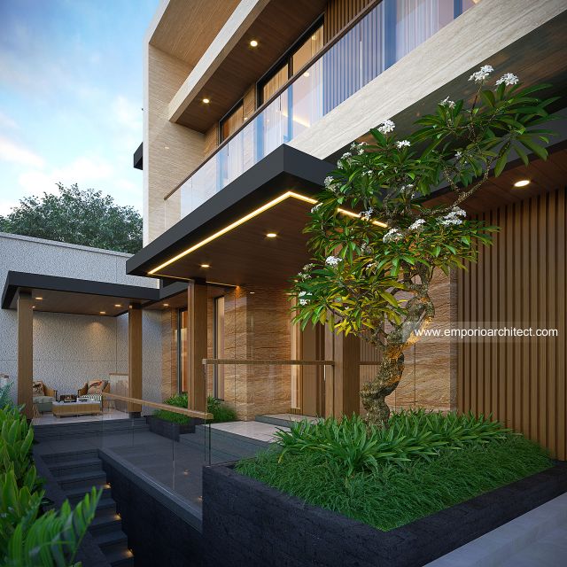 Desain Tampak Detail Depan Rumah Modern 4 Lantai Bapak DVI di Balikpapan