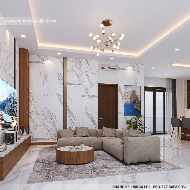 Desain Ruang Keluarga Lantai 2 Rumah Modern 4 Lantai Bapak DVI di Balikpapan