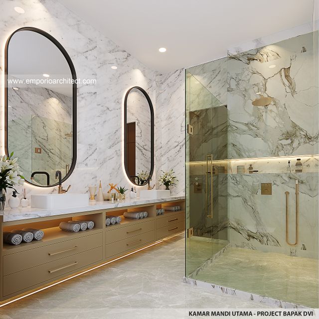 Desain Kamar Mandi Utama Rumah Modern 4 Lantai Bapak DVI di Balikpapan