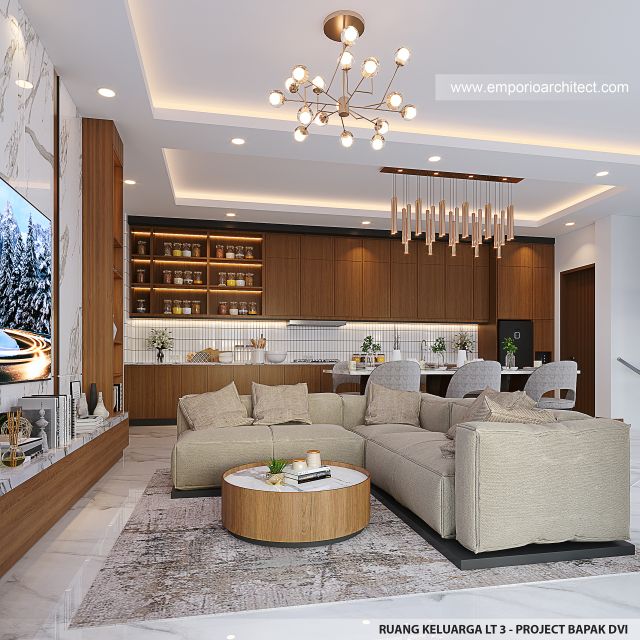 Desain Ruang Keluarga Lantai 3 Rumah Modern 4 Lantai Bapak DVI di Balikpapan