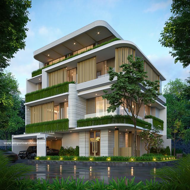 Desain Tampak Hook Rumah Modern 4 Lantai Ibu VNS di Jakarta Selatan