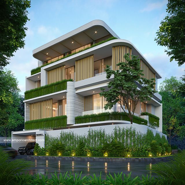 Desain Tampak Hook Dengan Pagar Rumah Modern 4 Lantai Ibu VNS di Jakarta Selatan