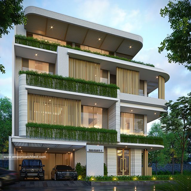 Desain Tampak Depan Rumah Modern 4 Lantai Ibu VNS di Jakarta Selatan