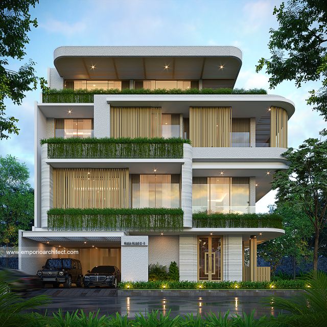 Desain Tampak Depan 2 Rumah Modern 4 Lantai Ibu VNS di Jakarta Selatan