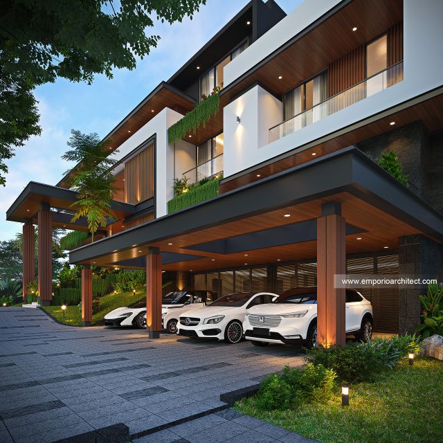 Desain Tampak Detail Depan Rumah Modern 4 Lantai Bapak JNY di Jakarta
