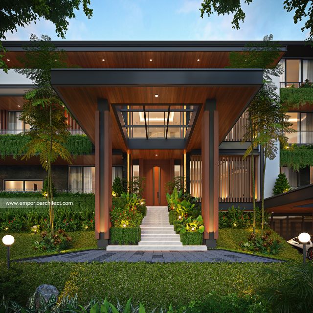 Desain Tampak Detail Depan 2 Rumah Modern 4 Lantai Bapak JNY di Jakarta