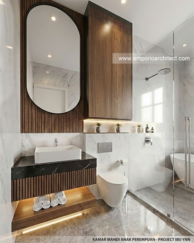 Desain Kamar Mandi Anak Perempuan Rumah Modern 4 Lantai Ibu YNN di Uluwatu, Badung, Bali